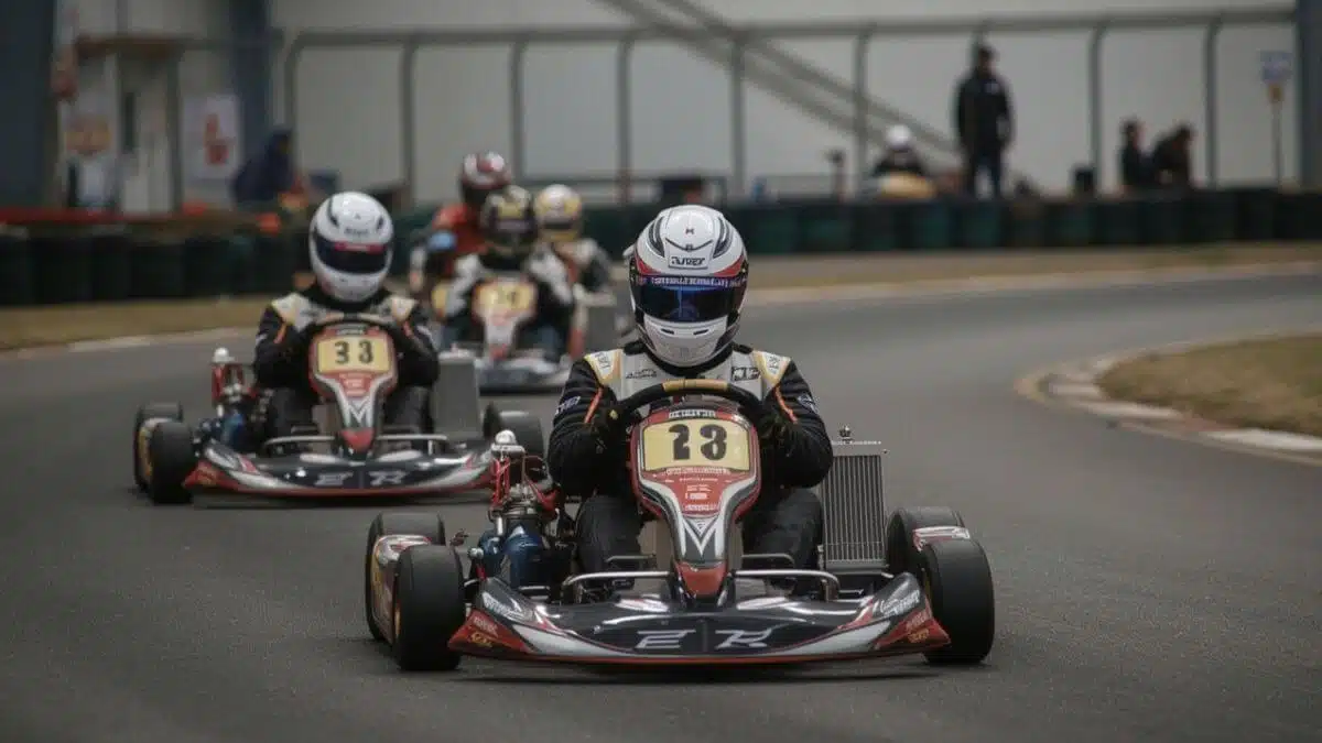 Compétition de karting incentive pour dirigeants avec cérémonie de podium et trophées.