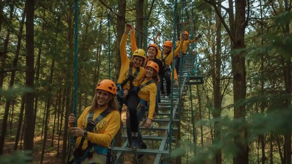 Défis aventure à Wavre – Équipe en action sur parcours aventurier