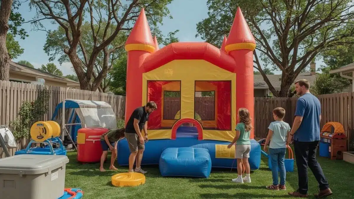 Kinderen spelen op een kleurrijke opblaasbare glijbaan tijdens een verjaardagsfeestje thuis.