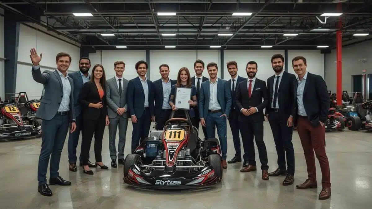 Équipe d'entreprise célébrant leur récompense incentive dans un centre de karting premium moderne.