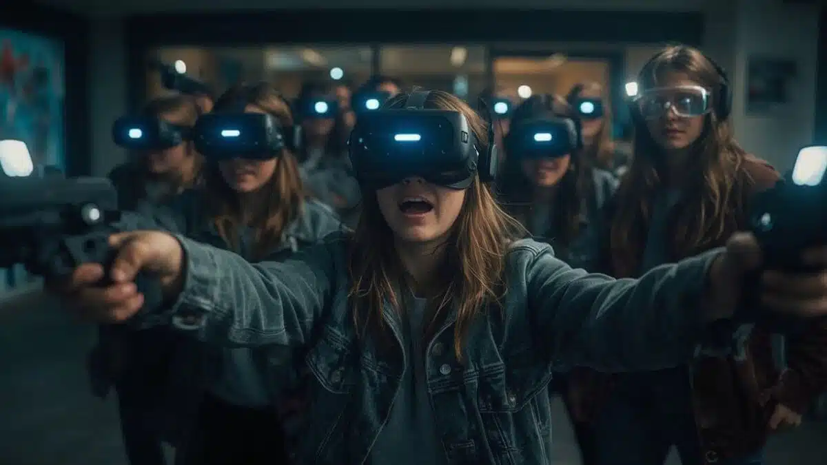 Équipement VR professionnel pour jeu zombie avec casques et gilets haptiques.
