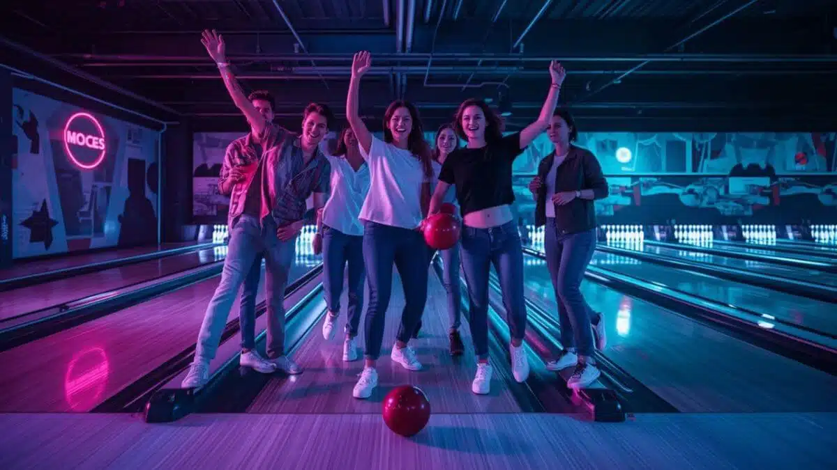 Groupe d'amis célébrant un strike à HyperBowling Anderlecht