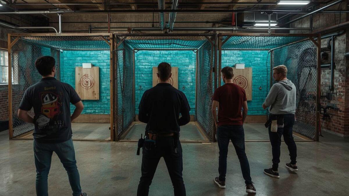 Group practising axe throwing in Brussels at our specialist centre