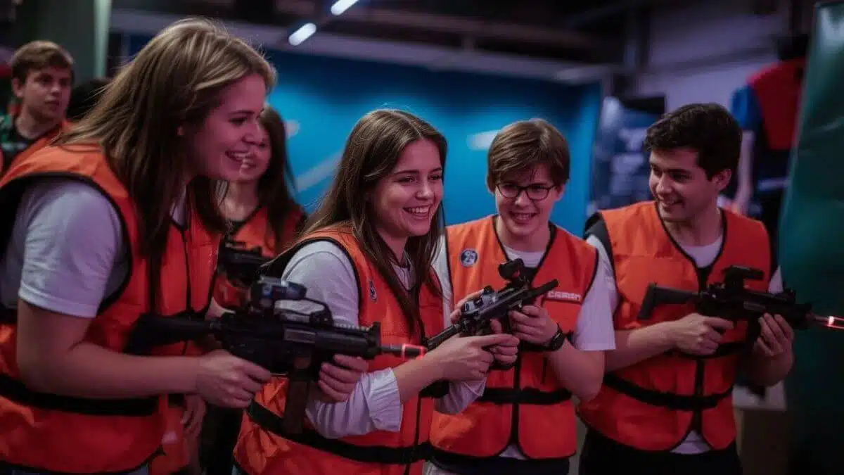 Groupe pratiquant le laser game : stratégie et esprit d'équipe