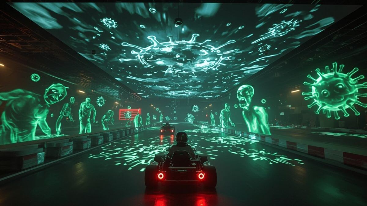 BattleVirus mode in augmented reality karting - Immersive zombie projections