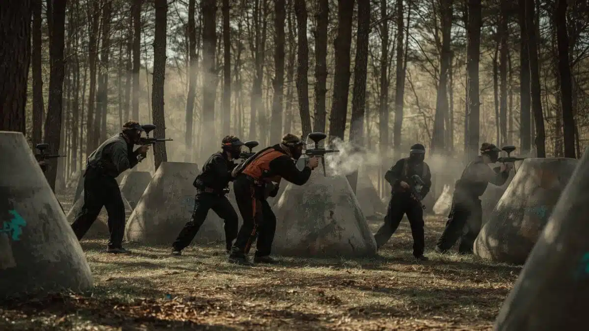 Paintball Bruxelles en action – Équipe jouant avec équipement professionnel