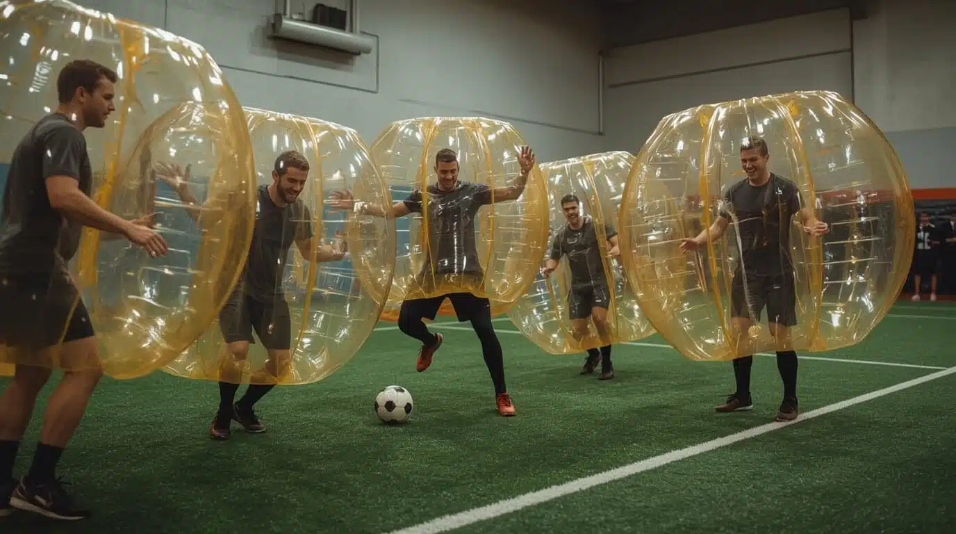 Partie de bubble foot hilarante lors d'un EVG avec joueurs dans bulles géantes.