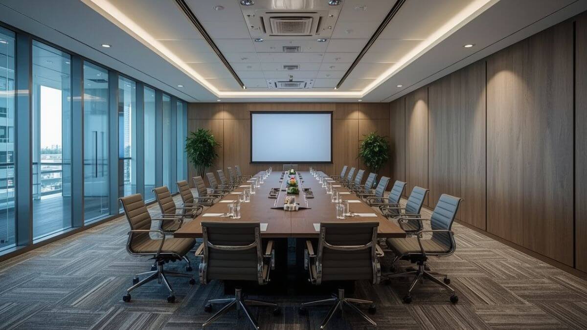 Salle de séminaire moderne équipée pour réunions d'entreprise dirigeants