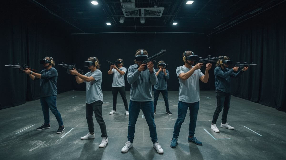 Simulateur de tir VR à Bruxelles – Joueur en action avec casque Meta Quest