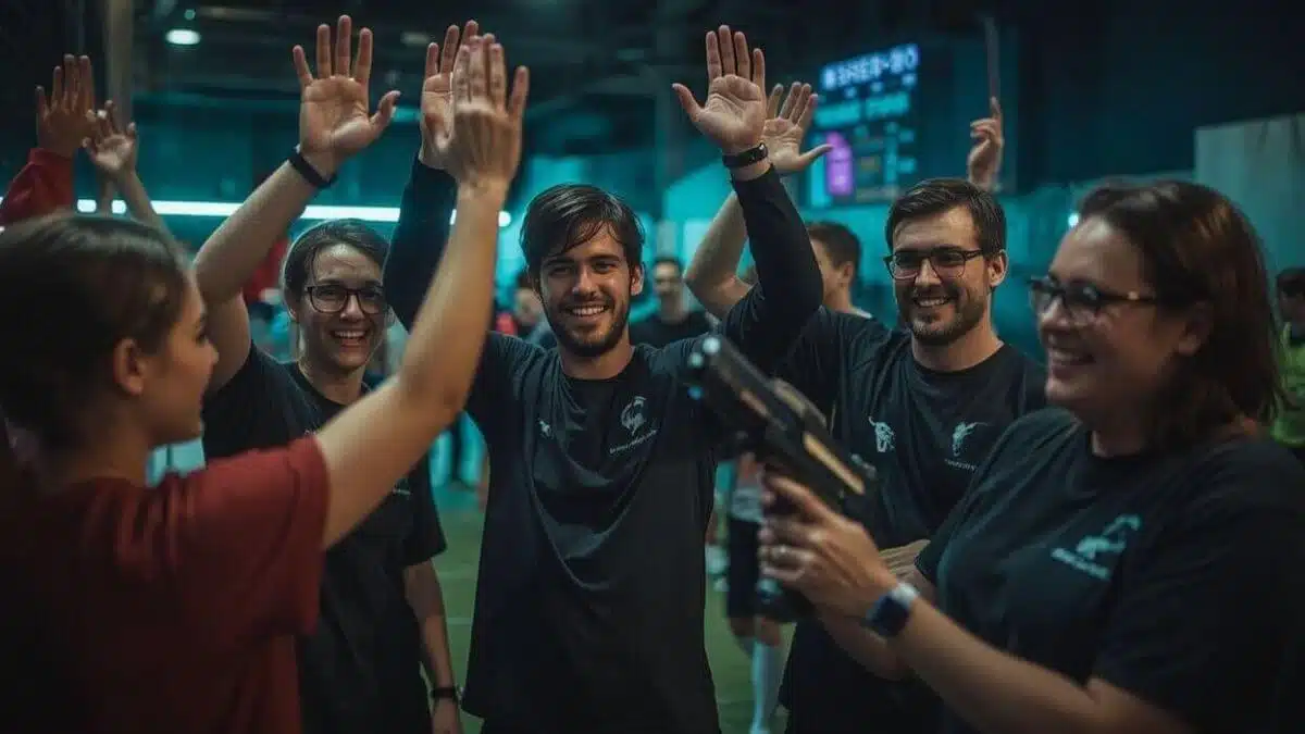 Victory at laser tag: team after team celebration