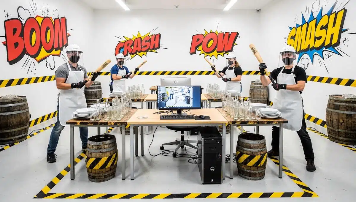 Rage Room Full Experience Brussels - 4 people, full safety equipment - Desk, PC, screen, keyboard, mouse, 50 objects - €150 group package