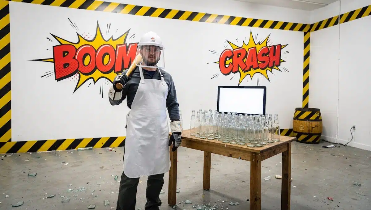 Rage Room Medium Brussels - Protective equipment: helmet, visor, apron, gloves - 30 bottles, PC screen - 55 euros